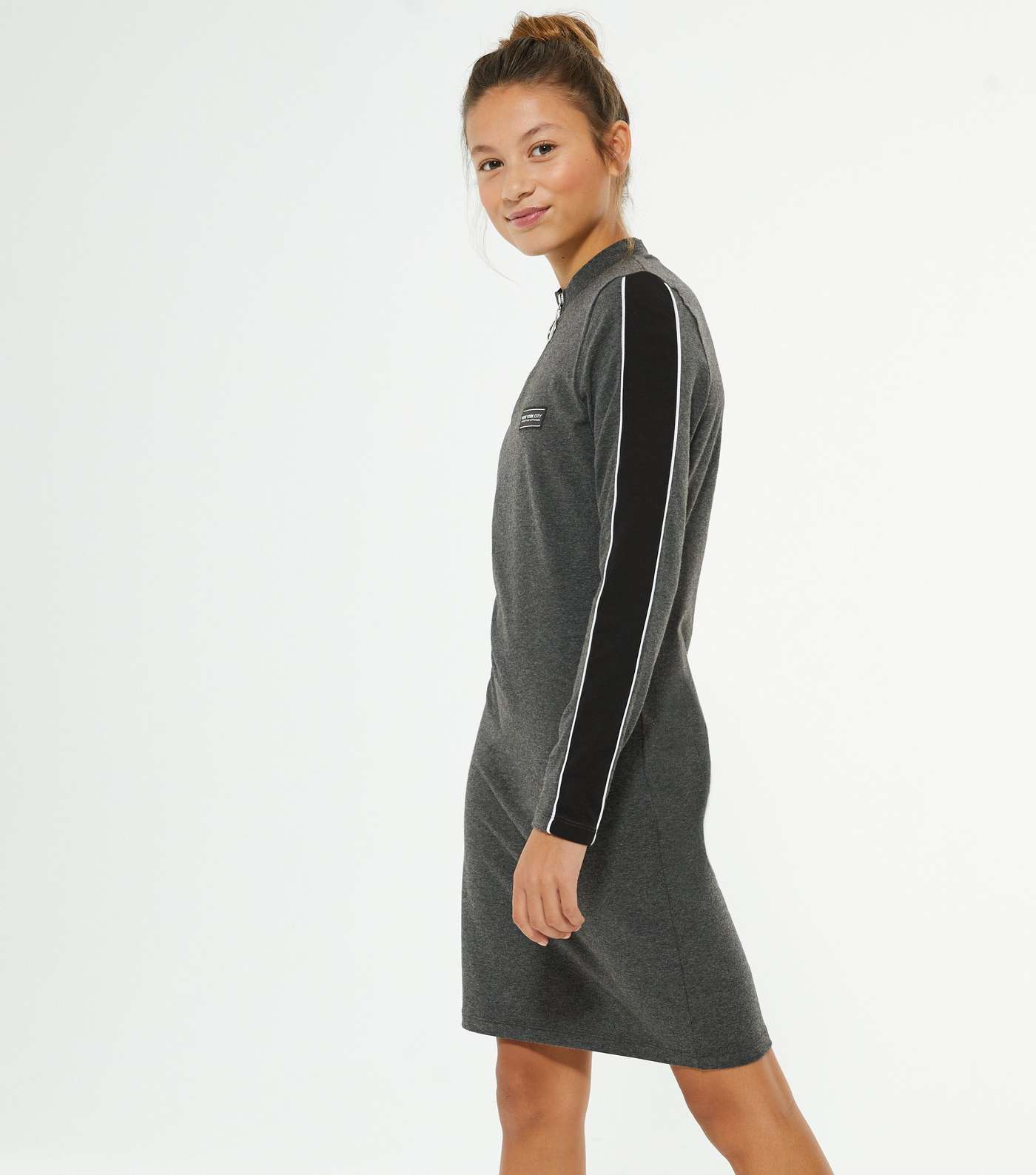 Girls Dark Grey Zip Stripe Sleeve Logo Dress Image 2