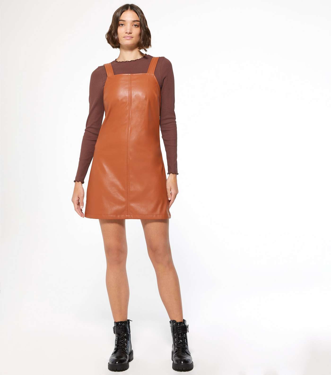 Tan Leather-Look Mini Pinafore Dress