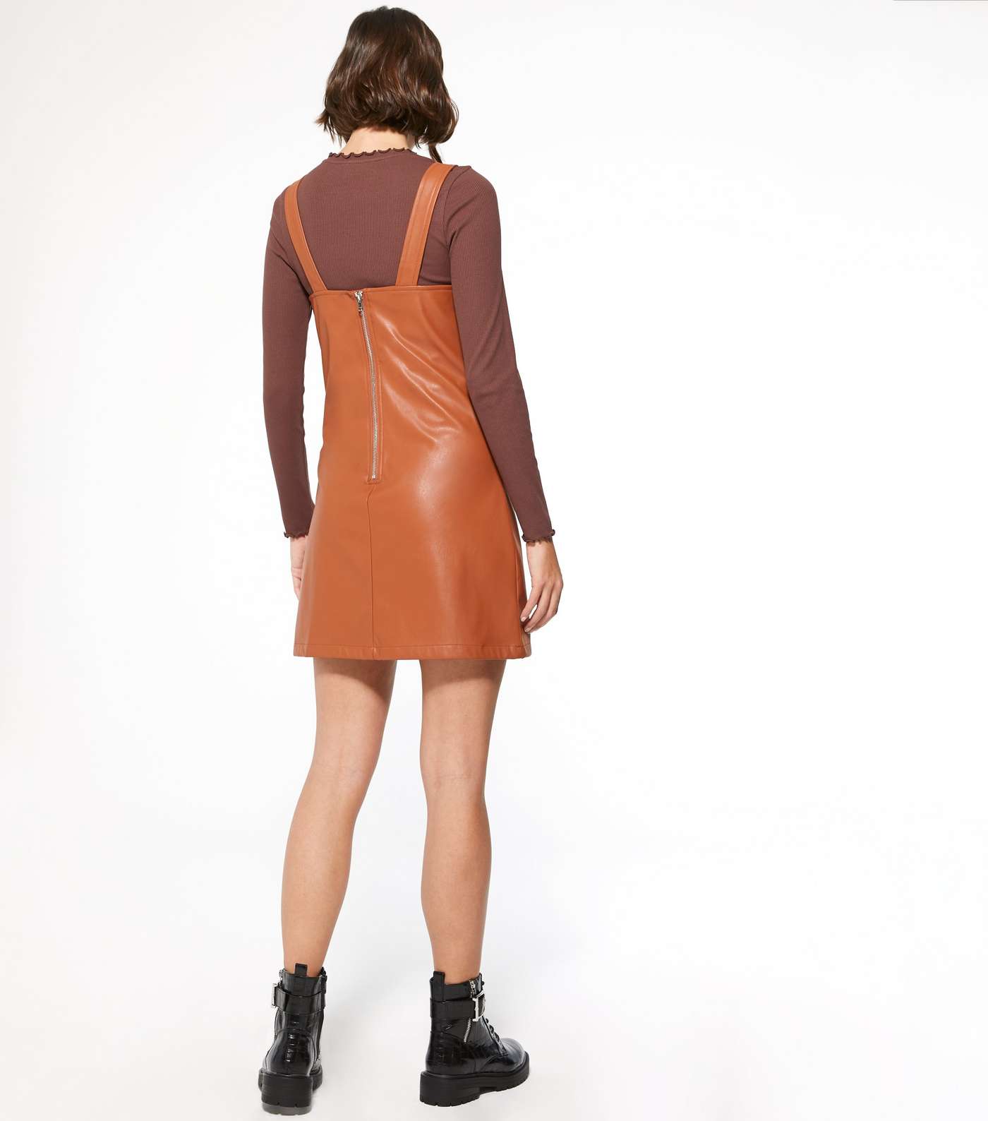 Tan Leather-Look Mini Pinafore Dress Image 3