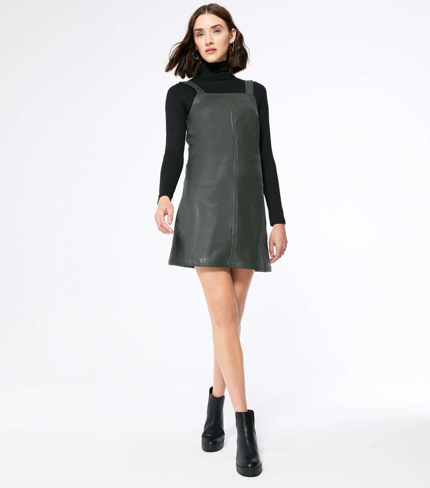 Khaki Leather-Look Mini Pinafore Dress