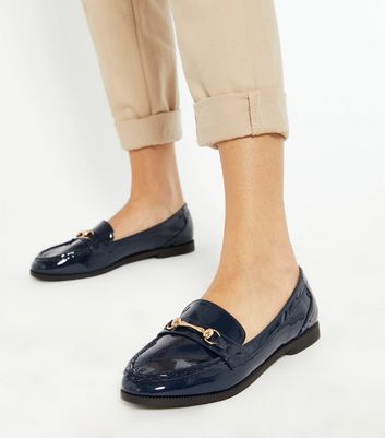 Navy Patent Metal Bar Loafers | New Look