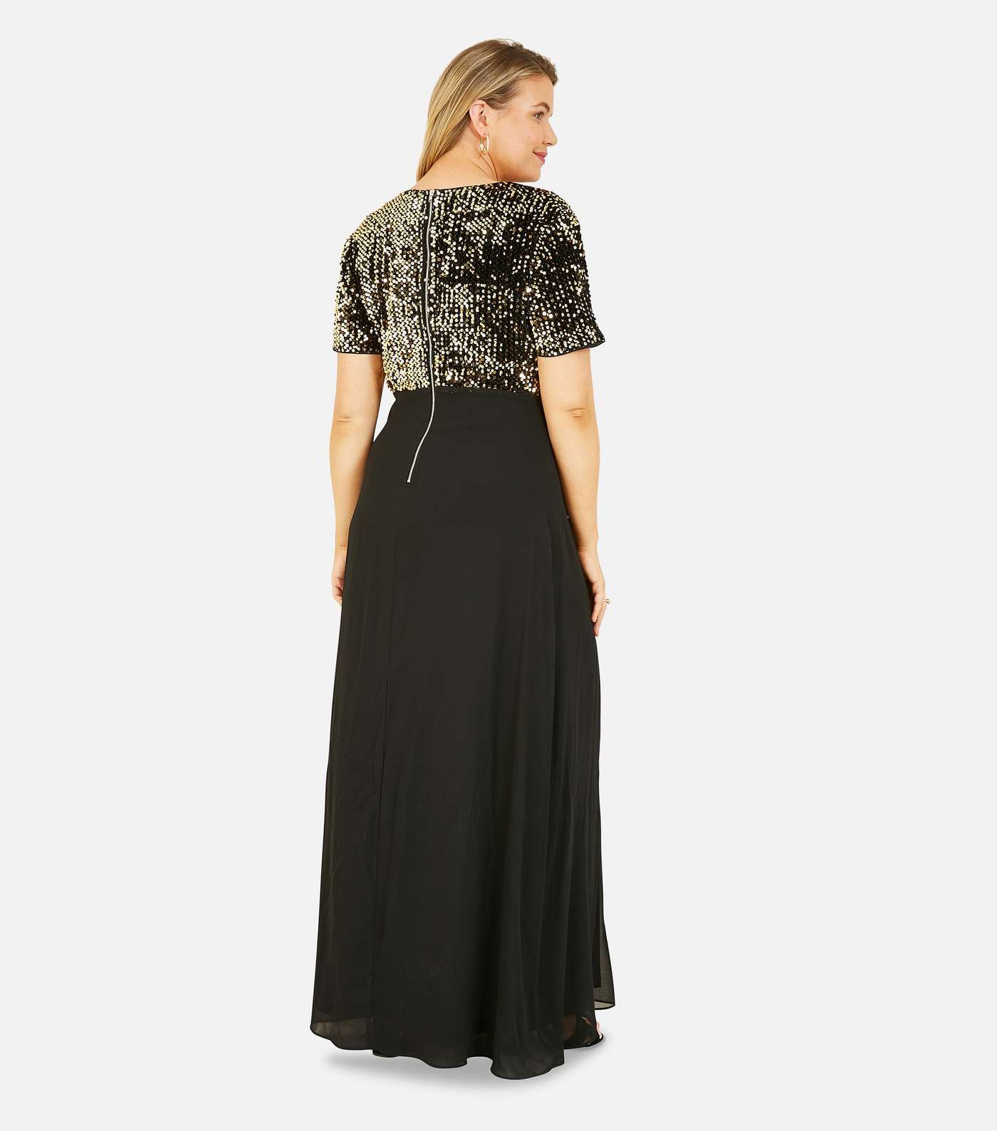 Mela Curves Black Gold Sequin Short Sleeve Maxi Dress Image 2