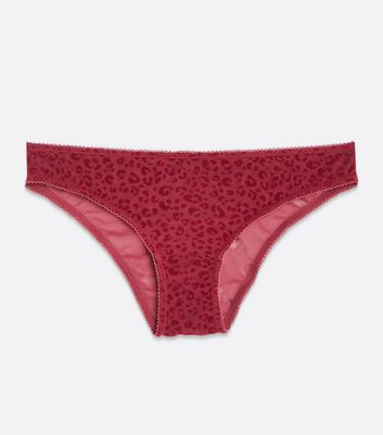 Image of Burgundy Flocked Leopard Brazilian Briefs New Look