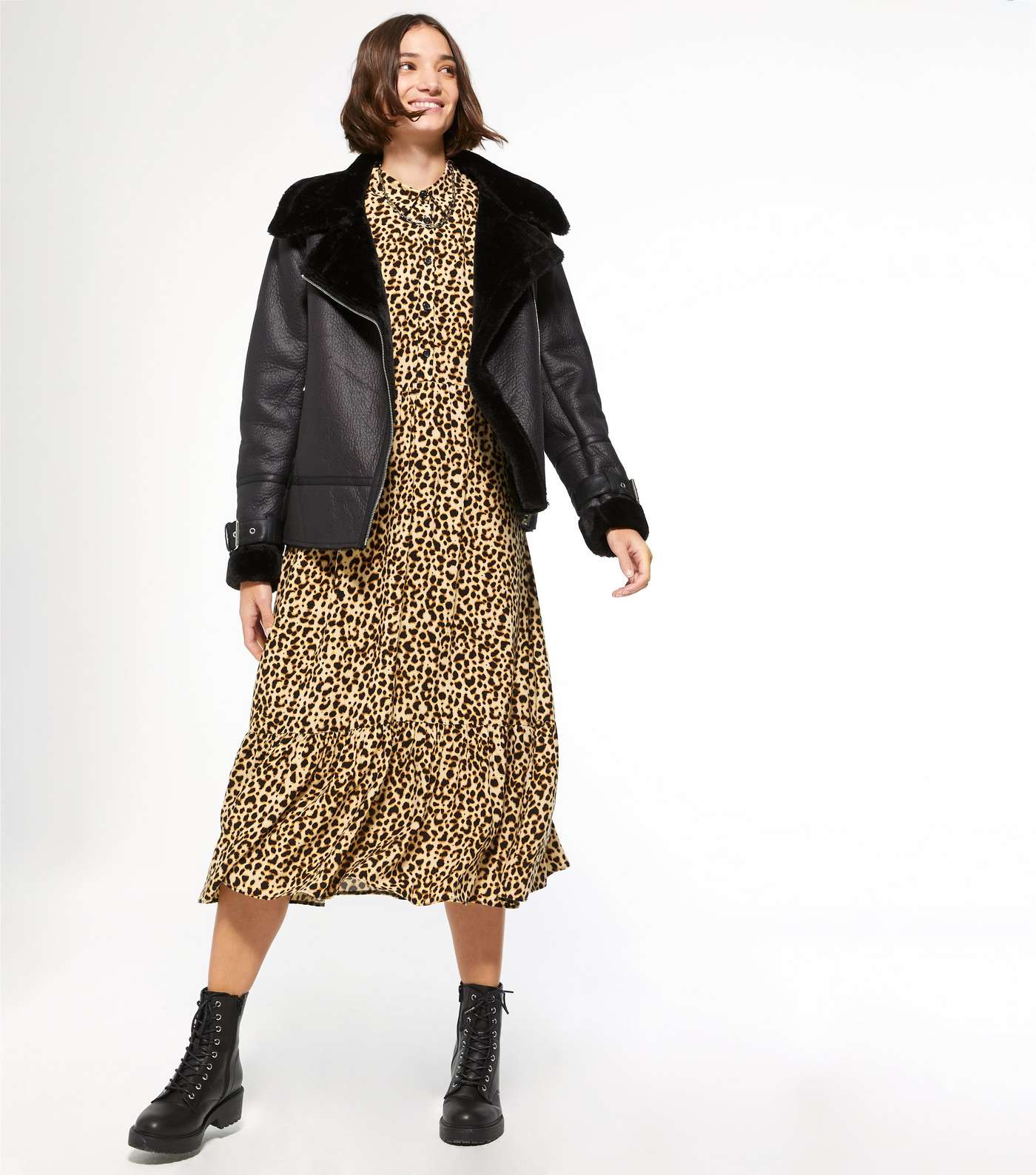 Brown Leopard Print Puff Sleeve Tiered Midi Shirt Dress Image 2