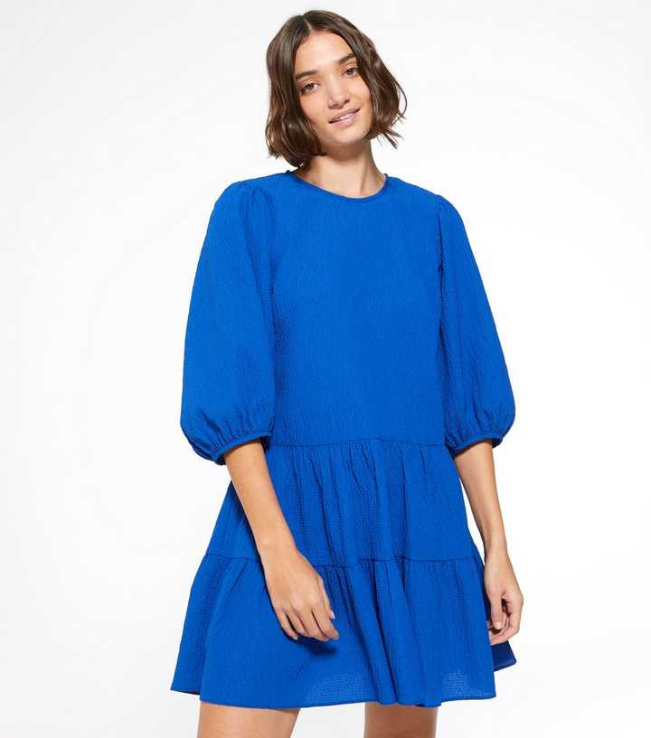Blue Puff Sleeve Tiered Smock Dress 