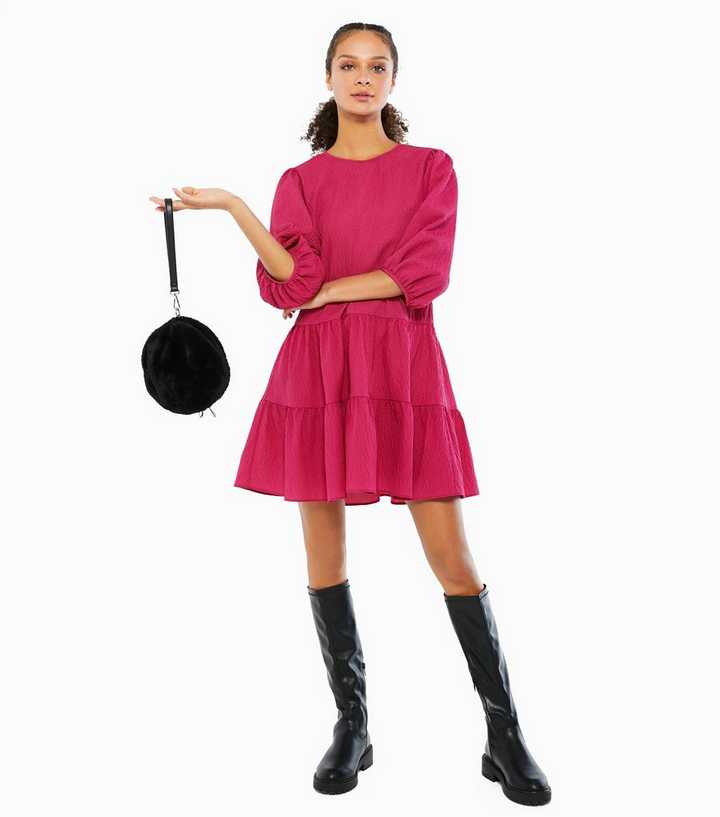 Bright Pink Puff Sleeve Tiered Smock Dress 