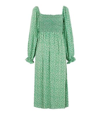 Green Ditsy Floral Shirred Long Sleeve Midi Dress | New Look