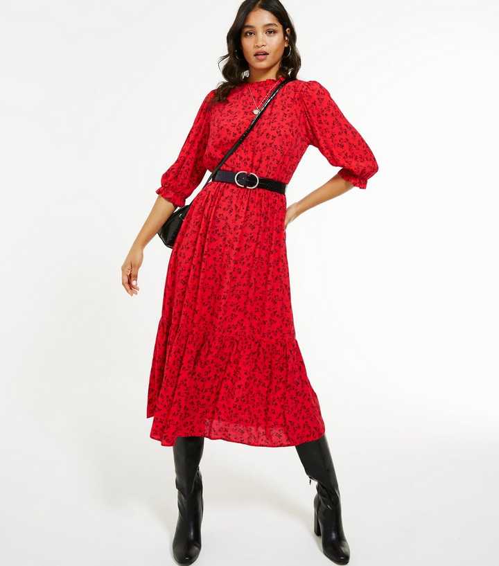 Red Floral Frill Neck Tiered Midi Dress