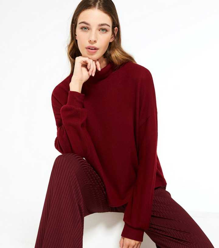 Burgundy Brushed Fine Knit High Neck Jumper