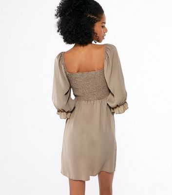 Pale Pink Shirred Square Neck Puff Sleeve Dress | New Look