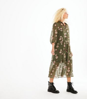 Image of Olive Floral Chiffon Tiered Midi Dress New Look