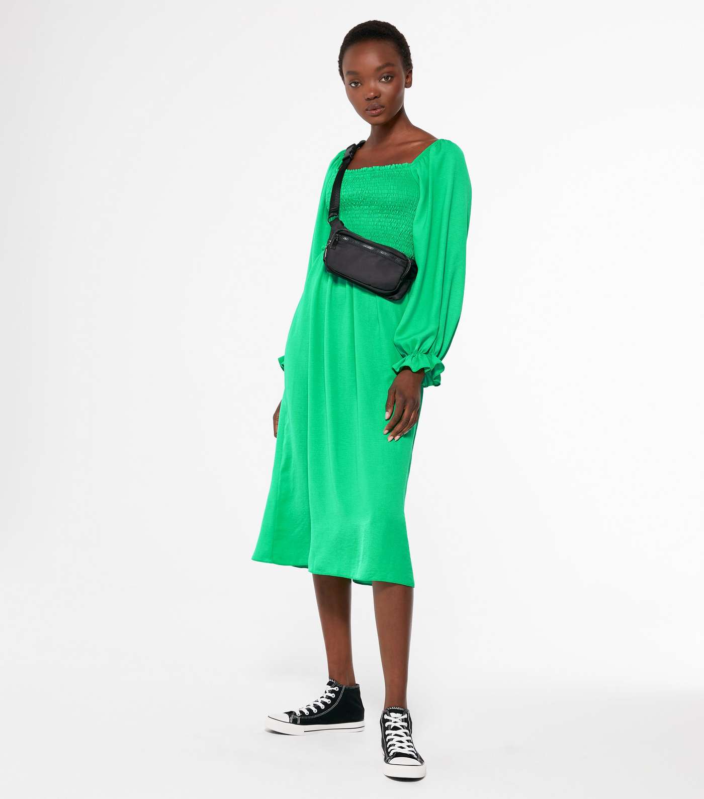 Green Shirred Square Neck Midi Dress  Image 2