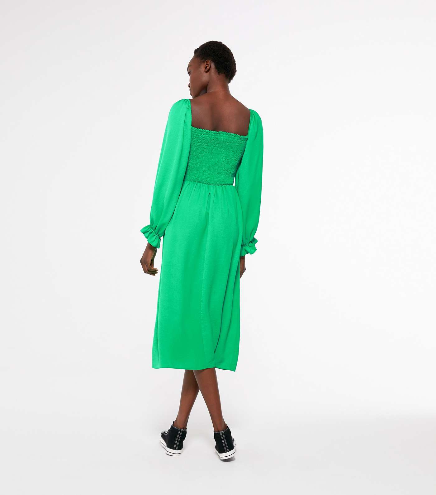 Green Shirred Square Neck Midi Dress  Image 4