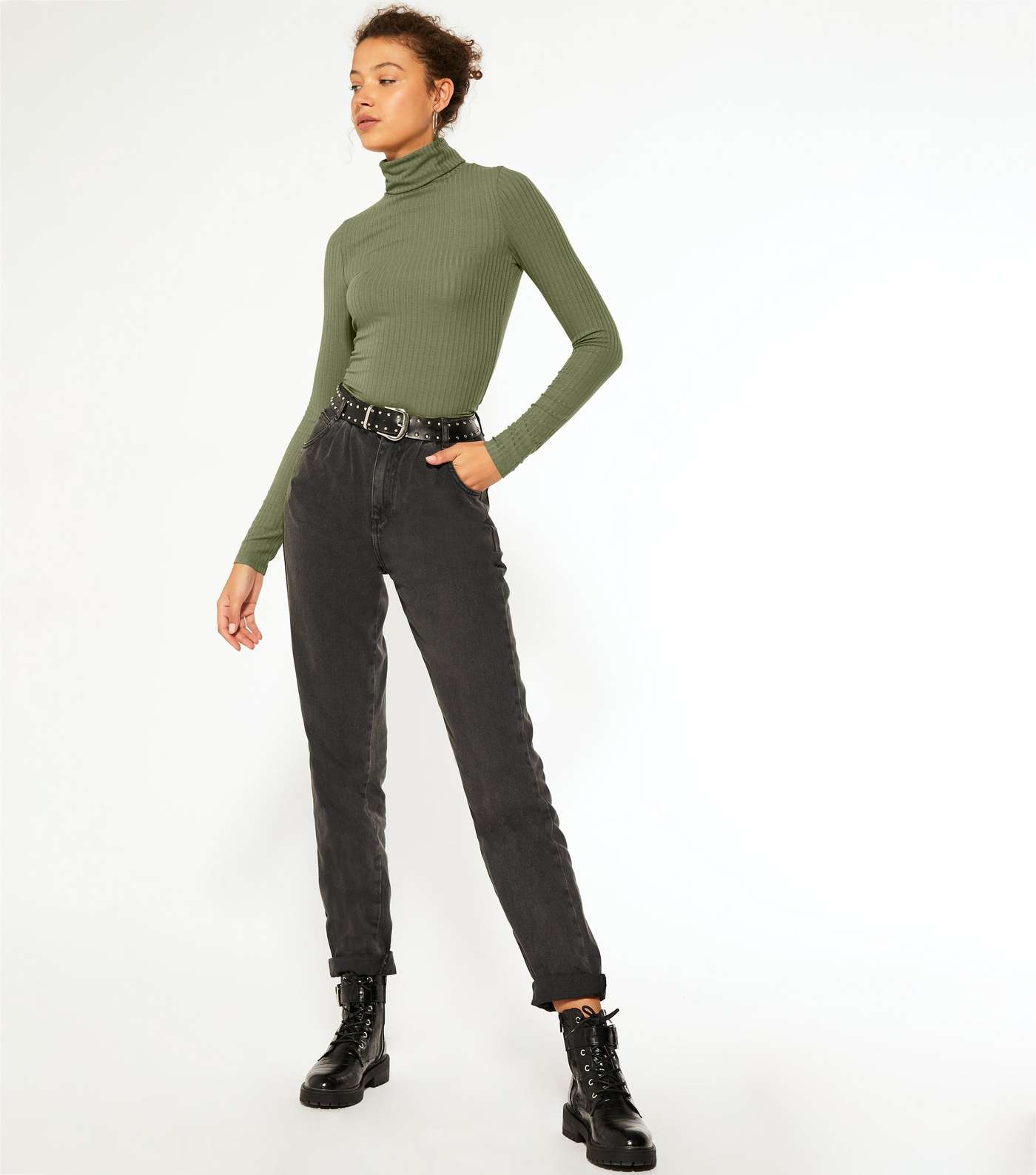 Tall Khaki Ribbed Roll Neck Top Image 2