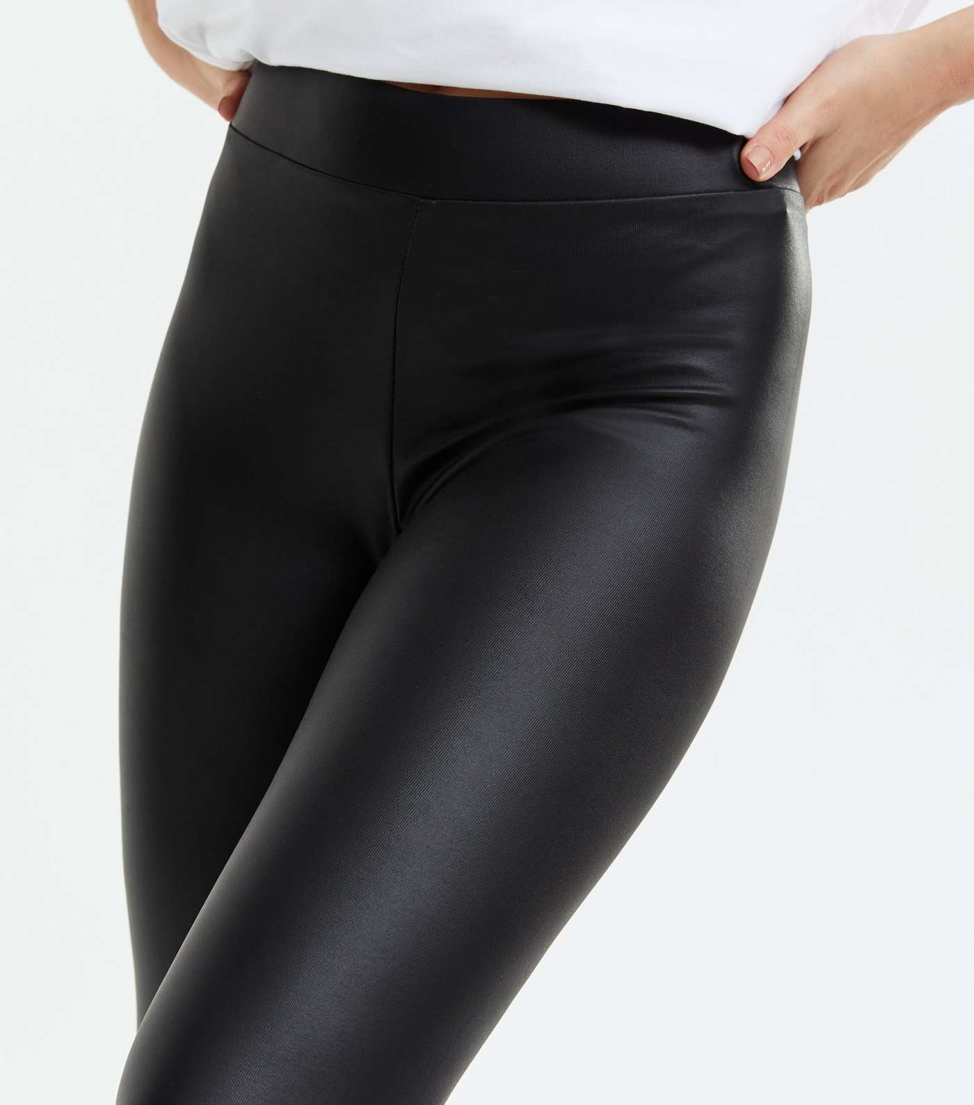 Petite Black Leather-Look High Waist Leggings Image 3