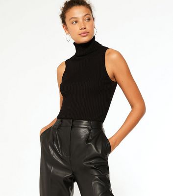 black polo neck sleeveless top