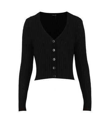 Black Ribbed Knit Button Up Cardigan New Look