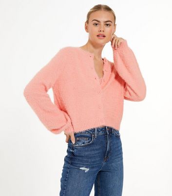 Mid Pink Fluffy Knit Puff Sleeve Cardigan New Look