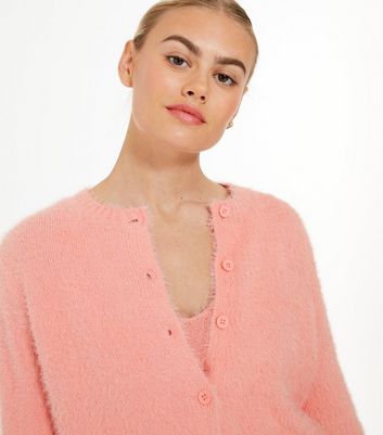 Mid Pink Fluffy Knit Puff Sleeve Cardigan New Look