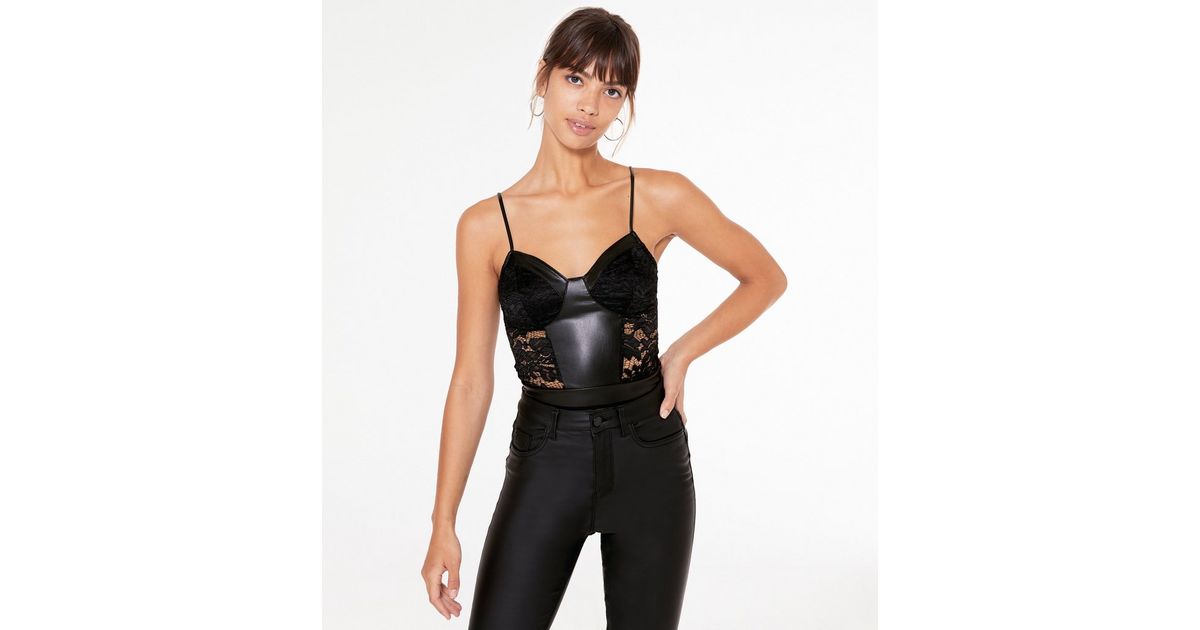 Black Lace and Satin Bustier Strappy Bodysuit New Look