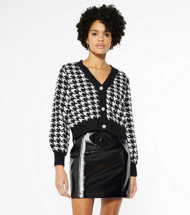 Black Dogtooth Gem Button Knit Cardigan