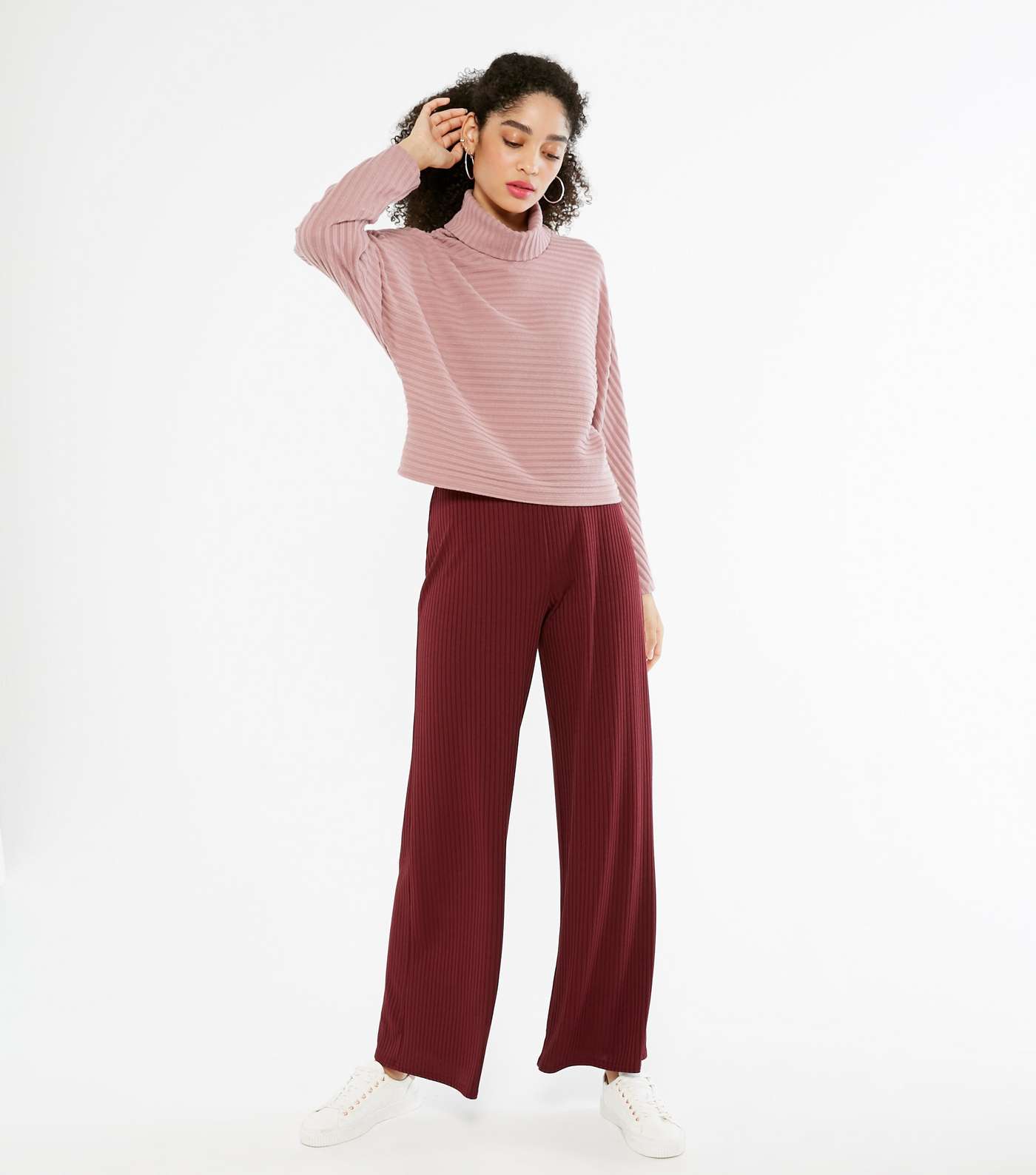 Mid Pink Ribbed Knit Roll Neck Boxy Jumper Image 2