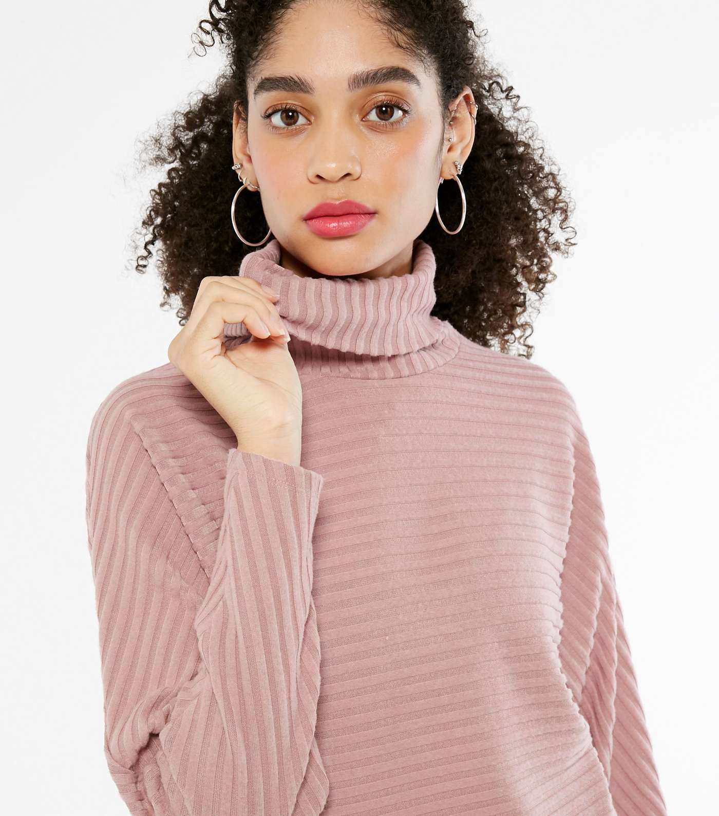 Mid Pink Ribbed Knit Roll Neck Boxy Jumper Image 4