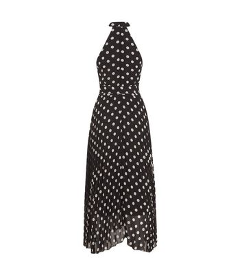 Image of Black Chiffon Spot Belted Pleated Midi Dress New Look