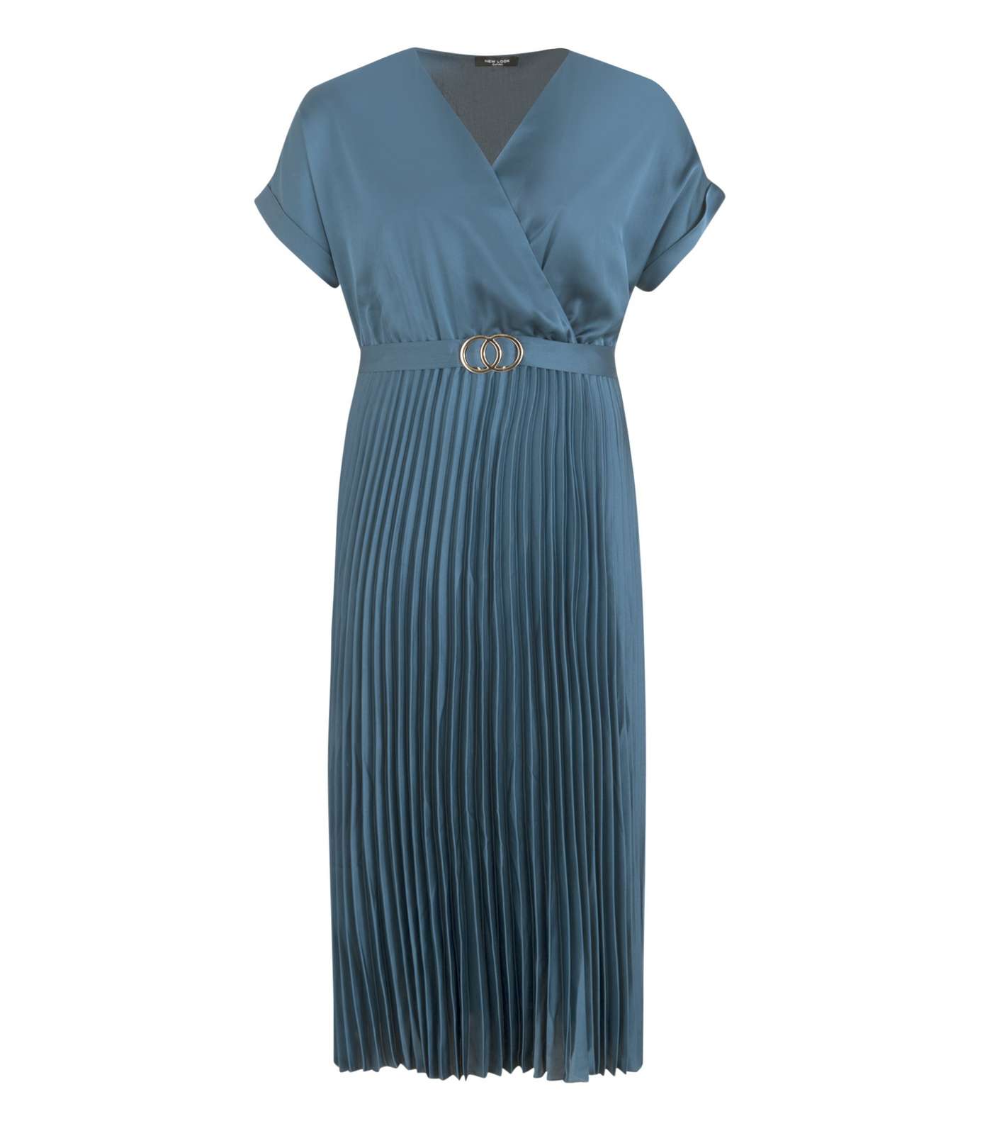 Curves Teal Satin Belted Pleated Midi Dress  Image 5