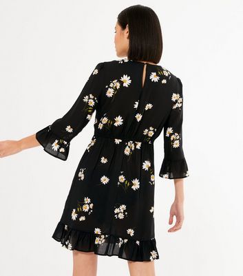 black daisy print frill tea dress