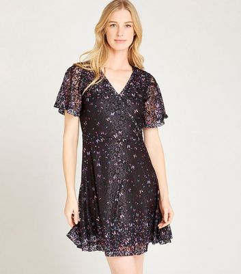 Image of Apricot Black Lace Butterfly Wrap Dress New Look