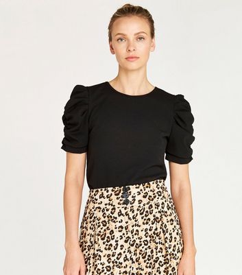 Image of Apricot Black Ruched Puff Sleeve Top New Look