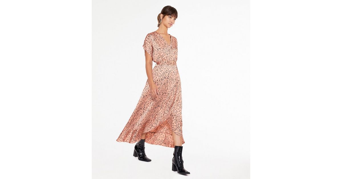 Brown Spot Satin Wrap Ruffle Midi Dress | New Look