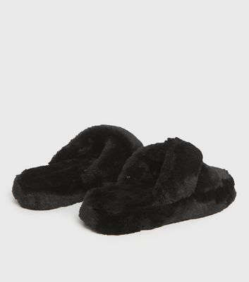 Image of Black Faux Fur Cross Strap Slider Slippers New Look Vegan