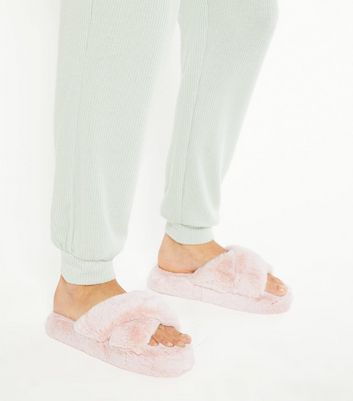 Fluffy slider store slippers with strap