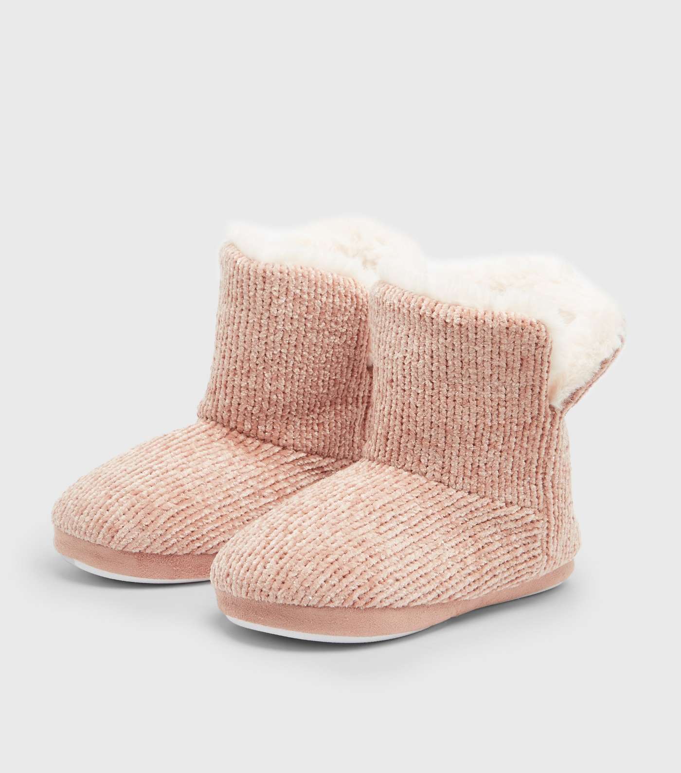 Pink Chenille Faux Fur Lined Boot Slippers Image 2