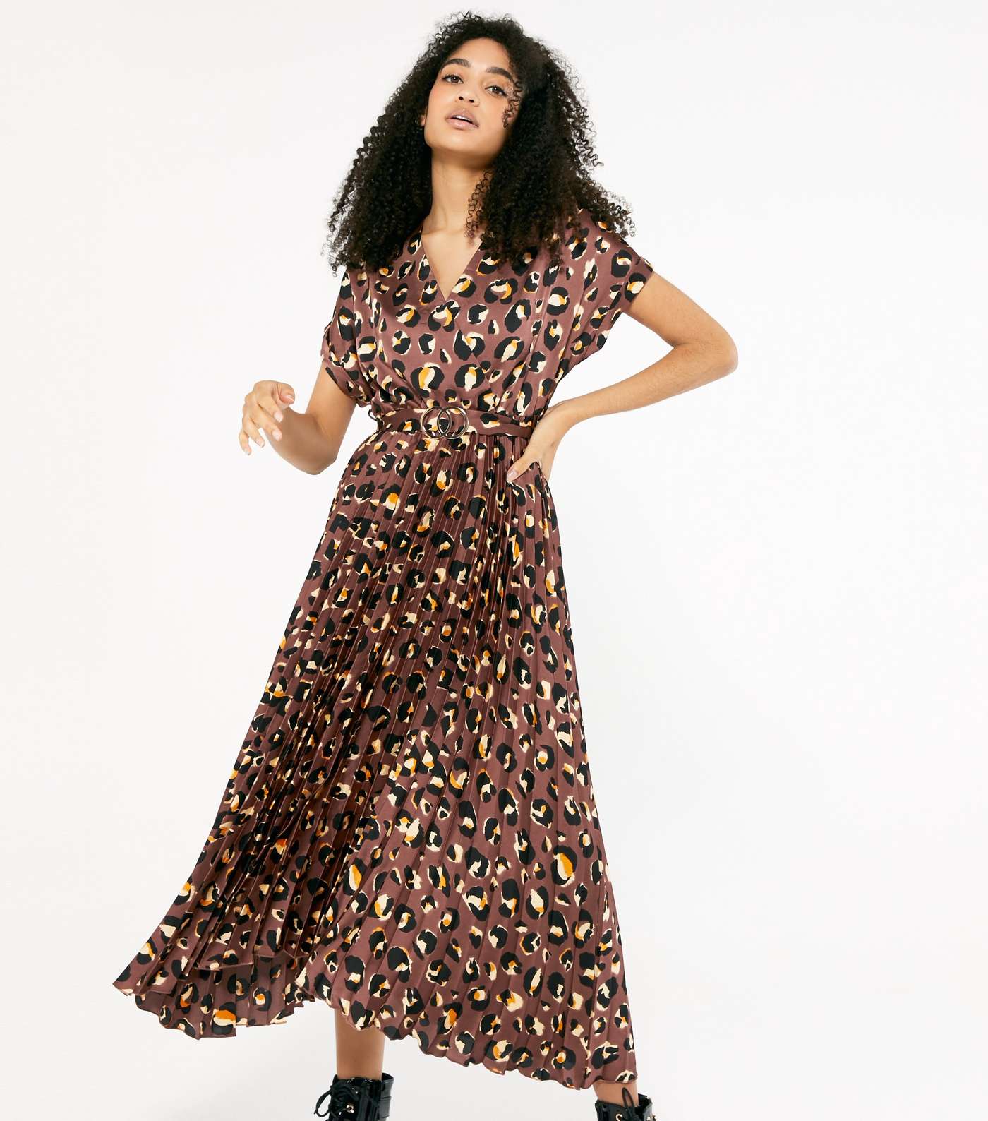 Brown Pleated Satin Leopard Belted Midi Dress Image 3