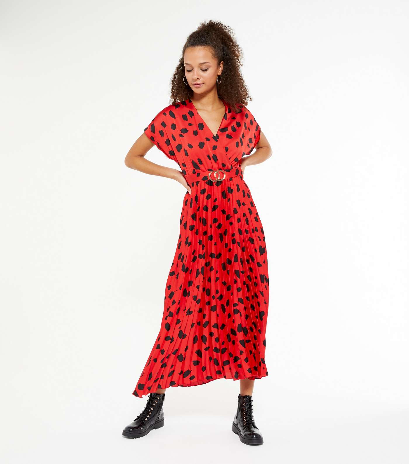 Red Leopard Print Satin Pleated Midi Dress Image 2