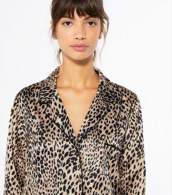 Brown Leopard Satin Wide Leg Pyjama Set 