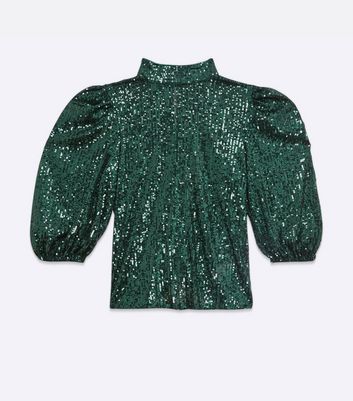 Image of Dark Green Sequin High Neck Puff Sleeve Top New Look