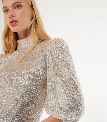 Image of Silver Sequin High Neck Puff Sleeve Top New Look