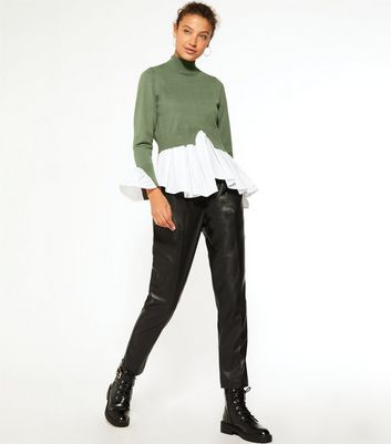 Black high neck 2 in 1 poplin knit top Clearance