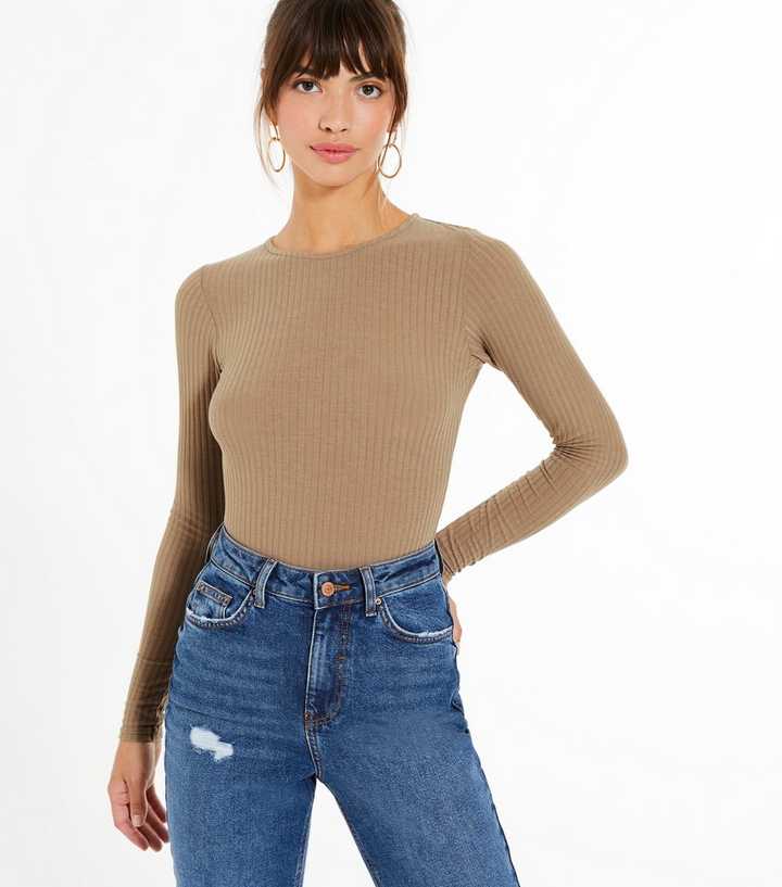 Camel Long Sleeve Ribbed Bodysuit