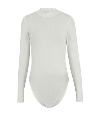 Off White Ribbed High Frill Neck Bodysuit | New Look