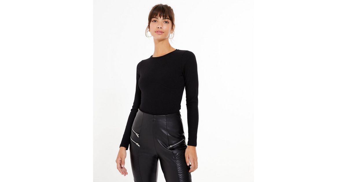 Black Long Sleeve Bustier Ribbed Top | New Look