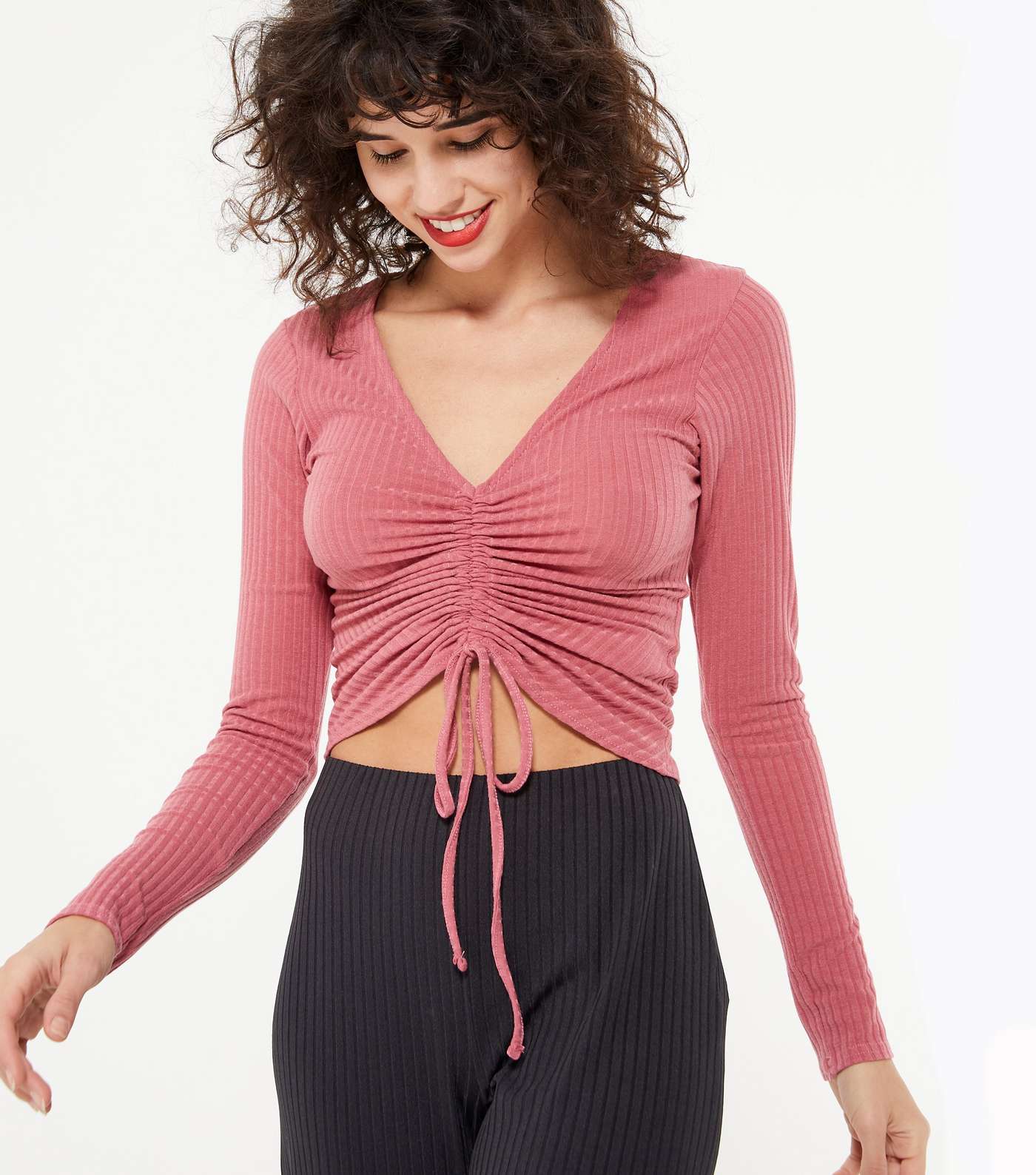 Pink Ribbed Ruched Tie Front Top