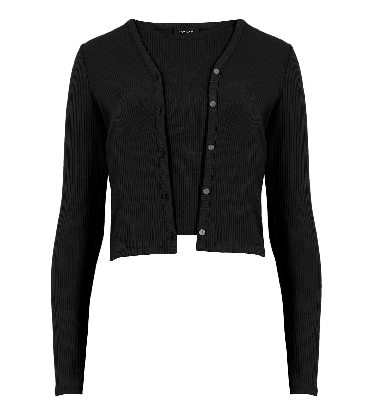 Black Button Up Ribbed Vest and Cardigan Set Image 5