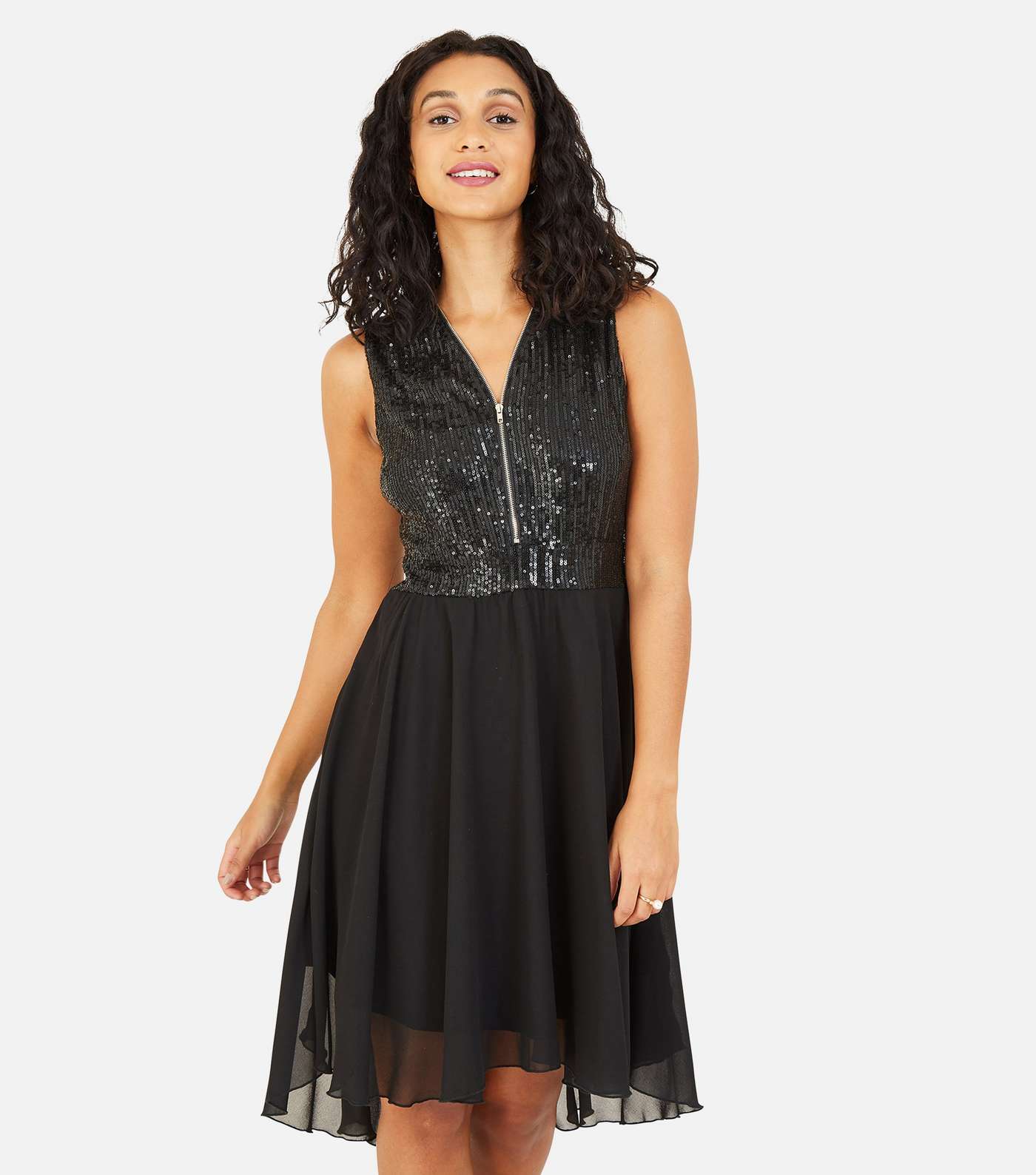 Mela Black Sequin Zip Front Dip Hem Midi Dress