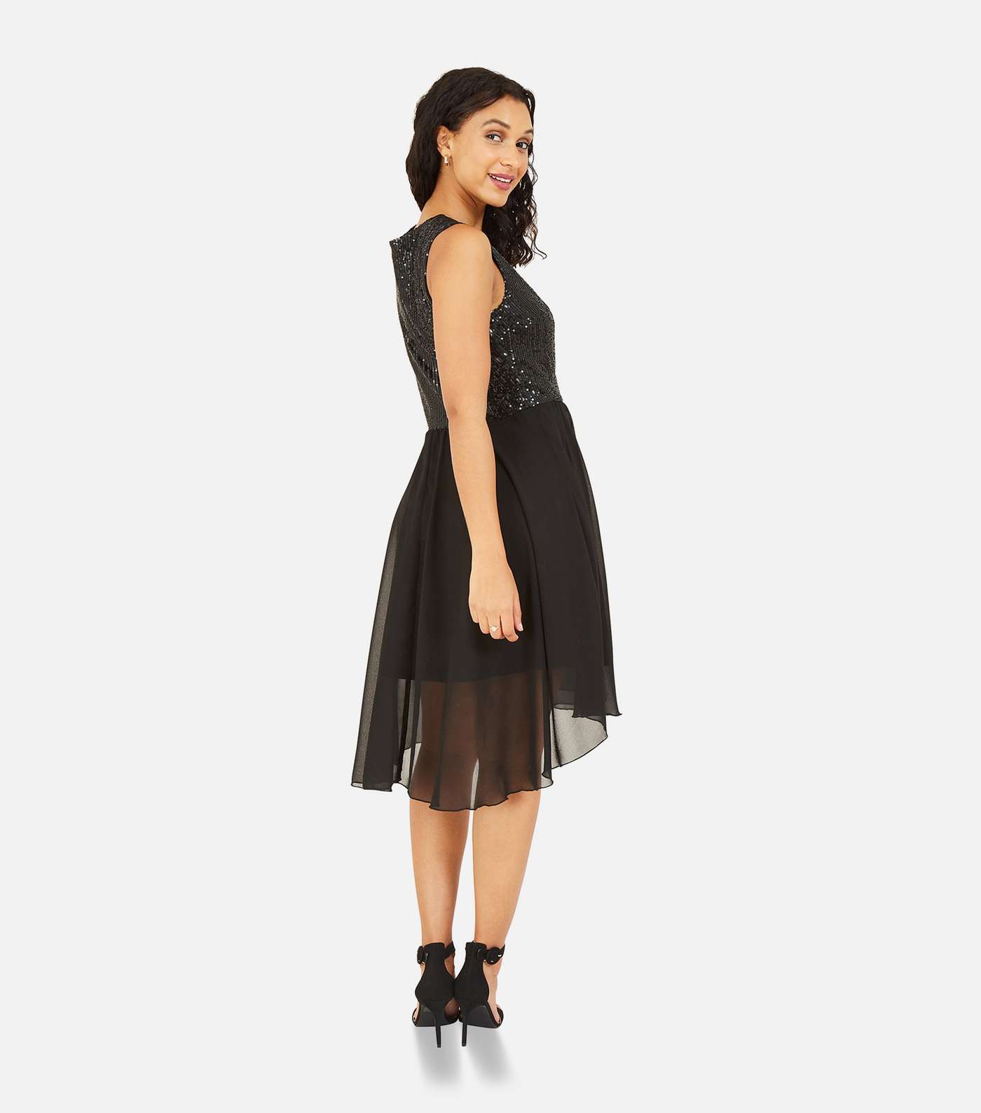 Mela Black Sequin Zip Front Dip Hem Midi Dress Image 3