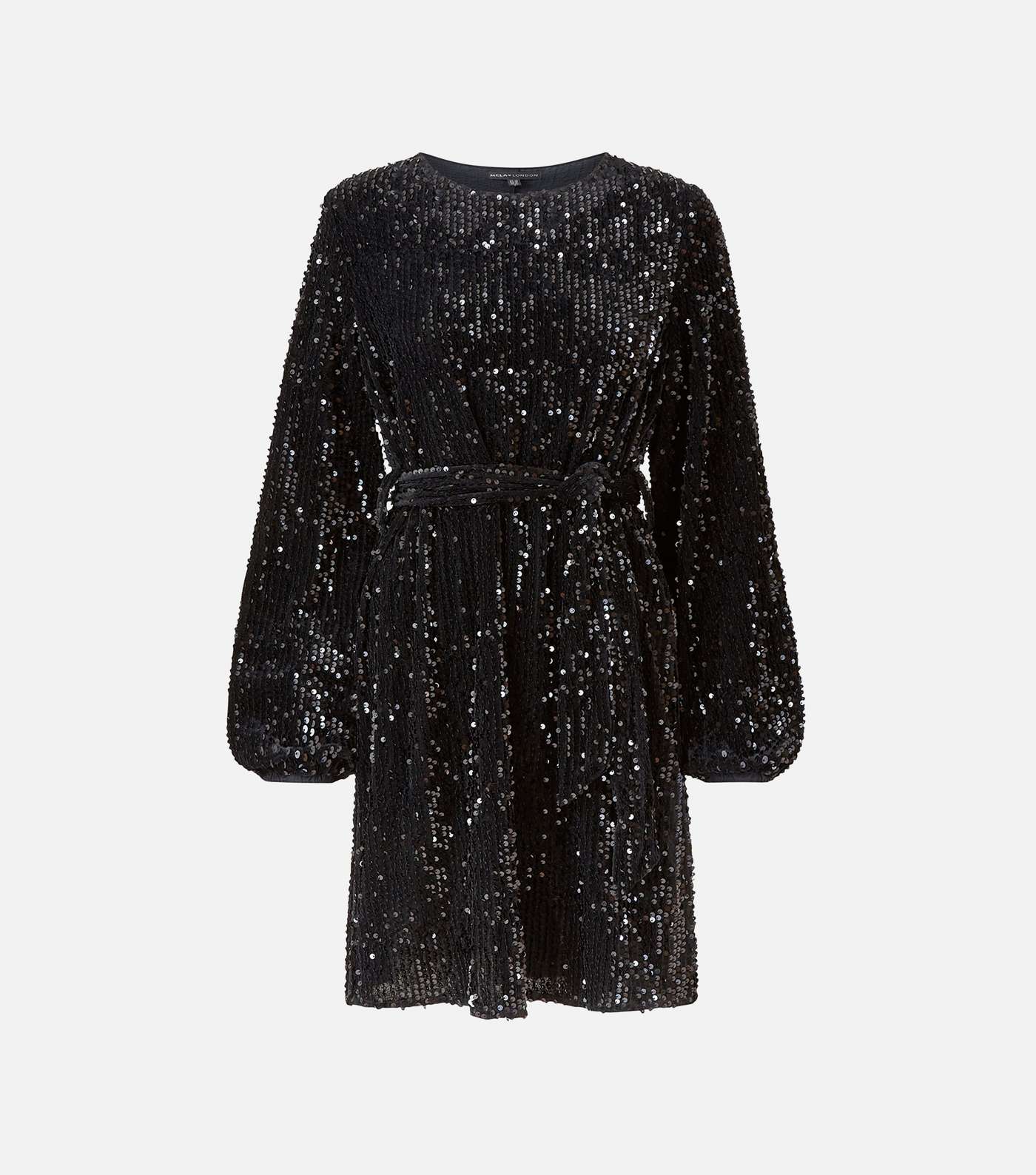 Mela Black Sequin Puff Sleeve Belted Dress Image 4
